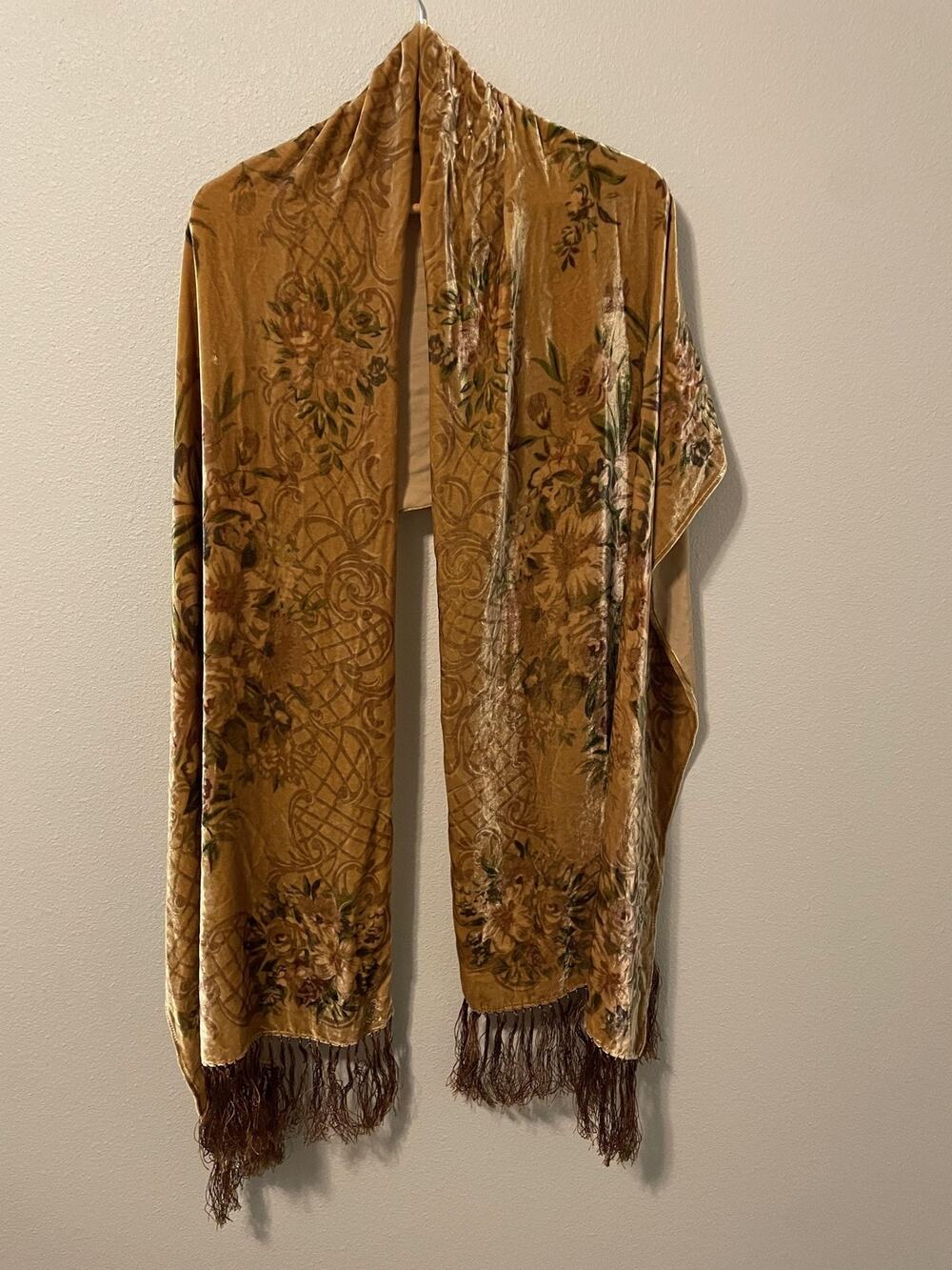 Lauren Ralph Lauren Scarf Womens Brown Velvet Silk Blend Floral Fringe Boho